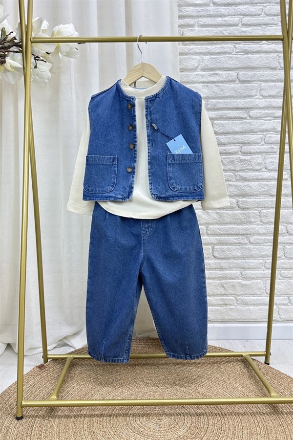 Unisex Laciel Denim Mavi Yelek Baloon Jean Takım