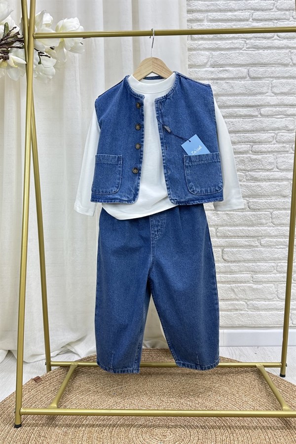 Unisex Laciel Denim Mavi Yelek Baloon Jean Takım