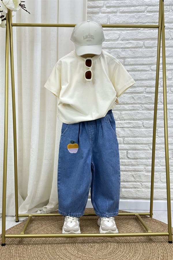 Unisex Laciel Elma Nakışlı Jean Pantolon