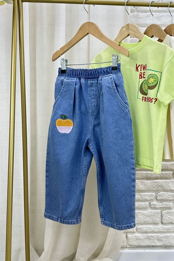 Unisex Laciel Elma Nakışlı Jean Pantolon