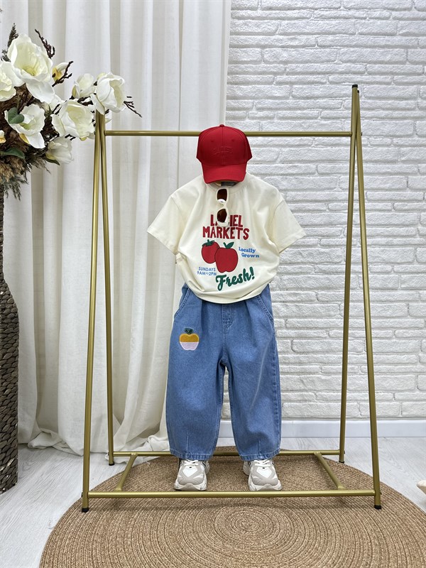 Unisex Laciel Elma Nakışlı Jean Pantolon