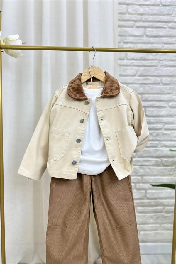 Unisex Laciel Kadife Yakalı Krem Kot Ceket