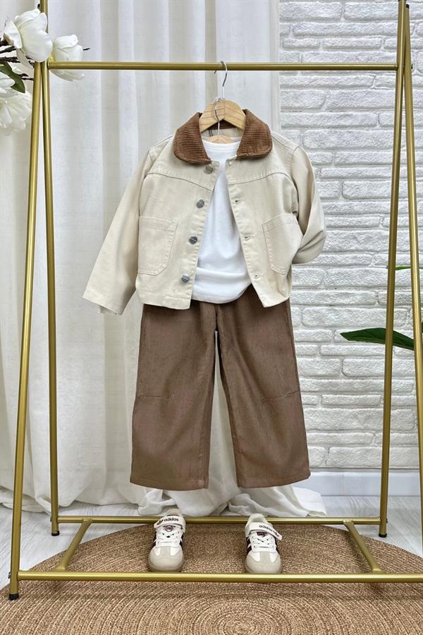 Unisex Laciel Kadife Yakalı Krem Kot Ceket
