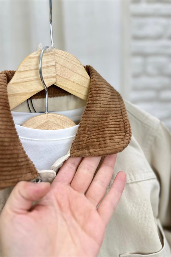 Unisex Laciel Kadife Yakalı Krem Kot Ceket