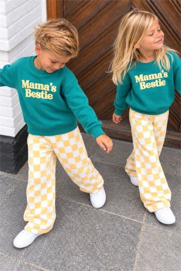 Unisex Mamas Baskı Kareli Pantolon 3 İplik Takım
