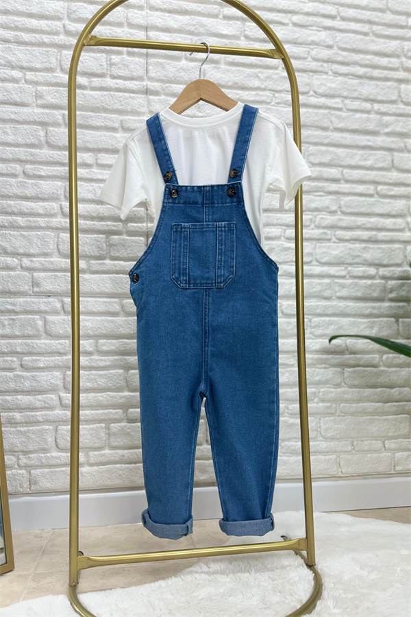 Unisex Mavi Tshirt Dahil Denim Salopet Takim