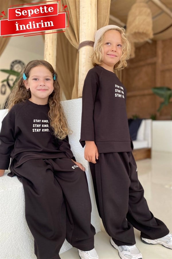 Unisex Mevsimlik Bisiklet Yaka Stay Kind Kahve Takım