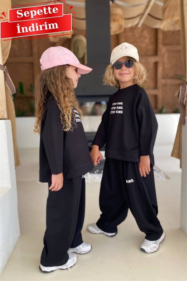 Unisex Mevsimlik Bisiklet Yaka Stay Kind Siyah Takım