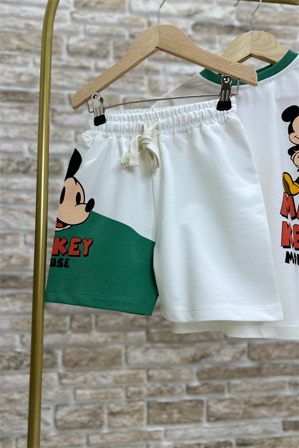 Unisex Mickey Beyaz Yeşil Şortlu Takım