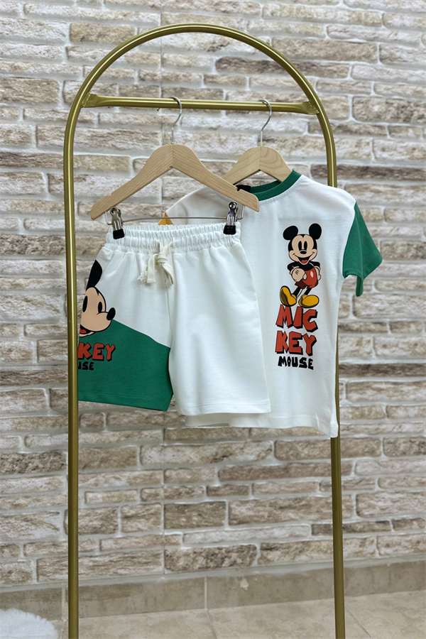 Unisex Mickey Beyaz Yeşil Şortlu Takım