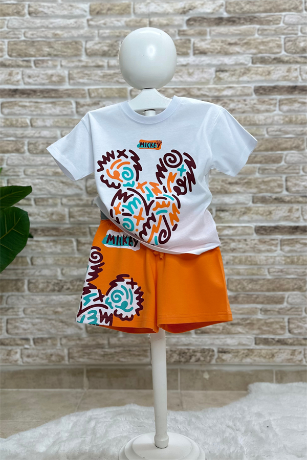 Unisex Mickey Oranj Şort Takım