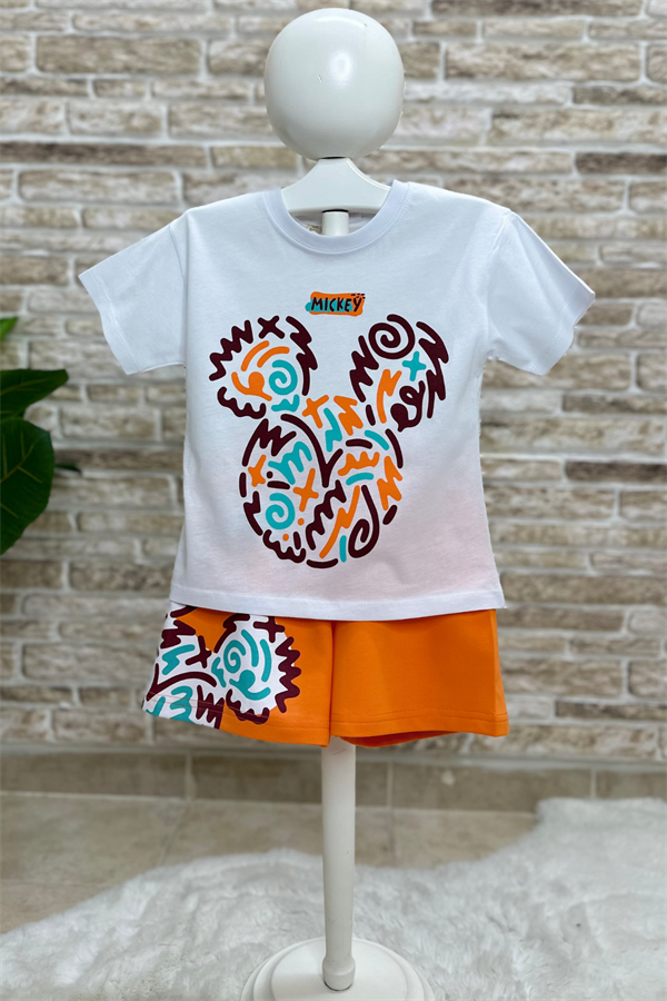 Unisex Mickey Oranj Şort Takım