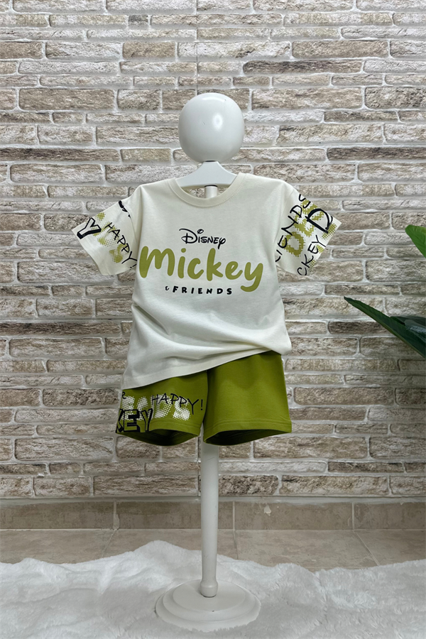 Unisex Mickey Yağ Yeşili Şort Takım
