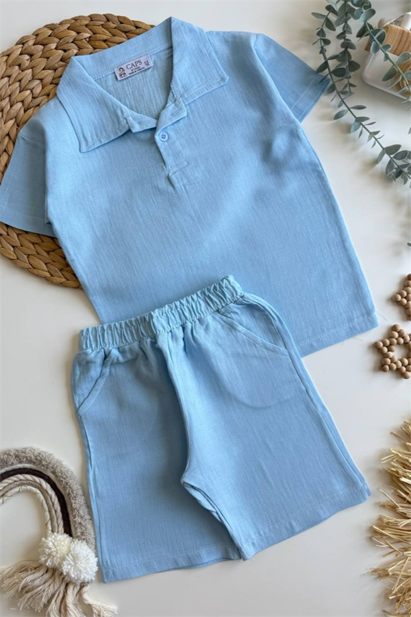 Unisex Müslin Mavi Şortlu Takım