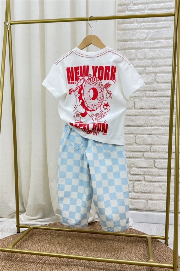 Unisex New York Damalı Jean Takım