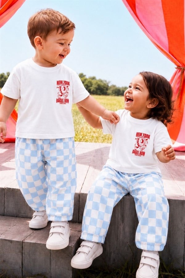 Unisex New York Damalı Jean Takım