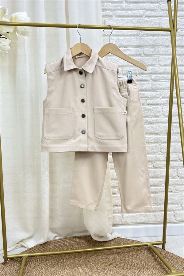 Unisex Özel Seri Yelek Jean Gabardin Bej Takım