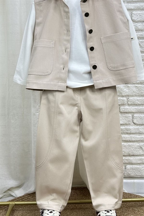 Unisex Özel Seri Yelek Jean Gabardin Bej Takım