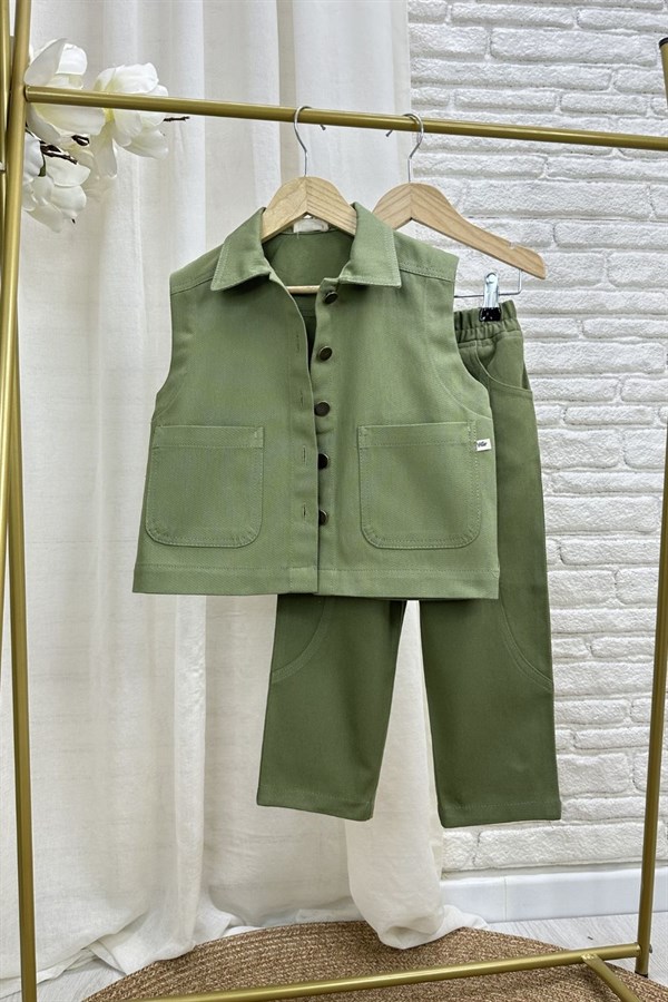 Unisex Özel Seri Yelek Jean Gabardin Haki Takım