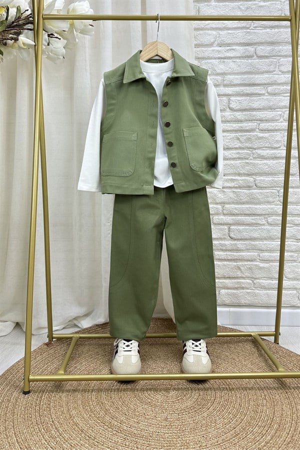 Unisex Özel Seri Yelek Jean Gabardin Haki Takım