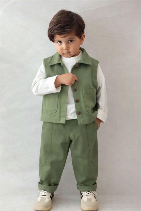 Unisex Özel Seri Yelek Jean Gabardin Haki Takım