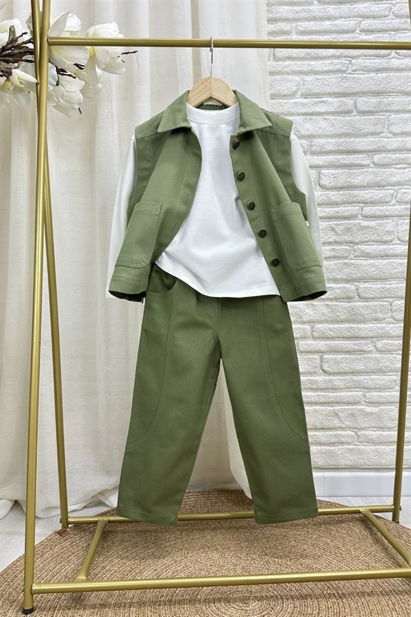 Unisex Özel Seri Yelek Jean Gabardin Haki Takım