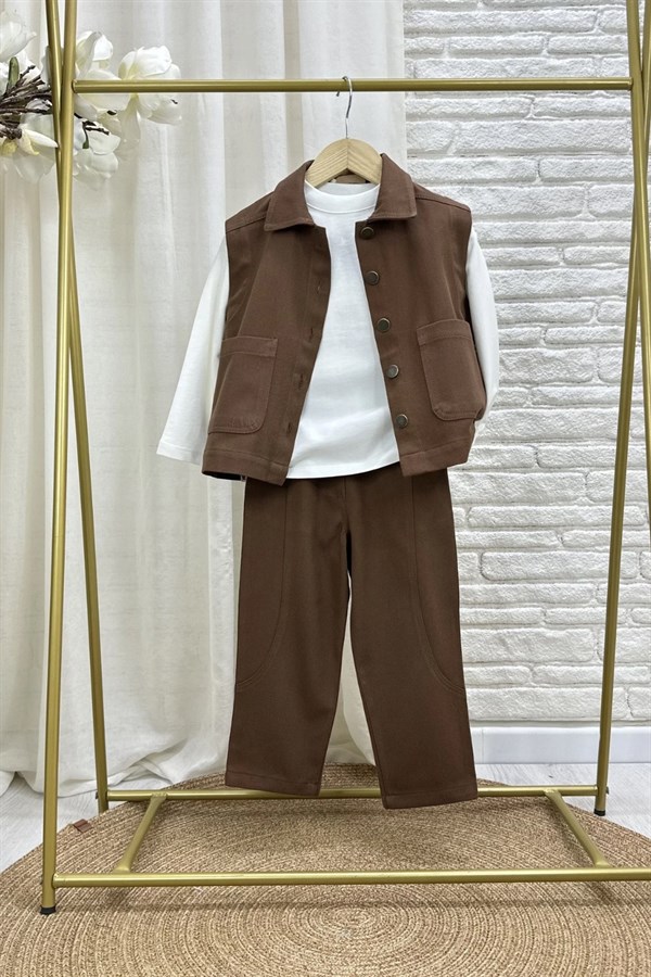 Unisex Özel Seri Yelek Jean Gabardin Kahve Takım