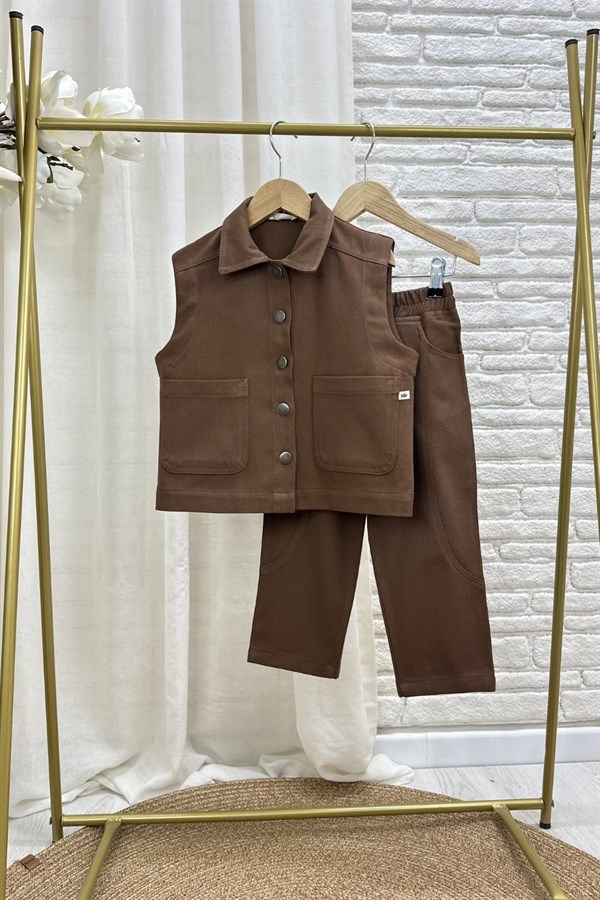 Unisex Özel Seri Yelek Jean Gabardin Kahve Takım