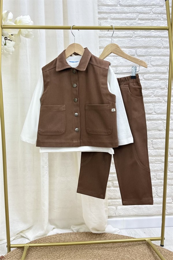 Unisex Özel Seri Yelek Jean Gabardin Kahve Takım
