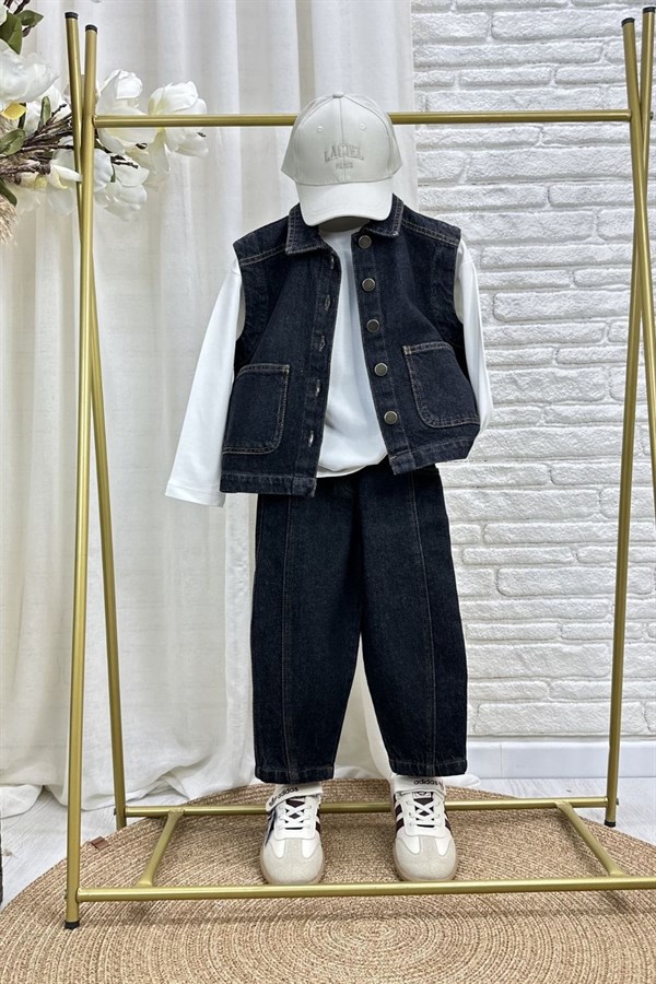Unisex Özel Seri Yelekli Anrasit Denim Takım