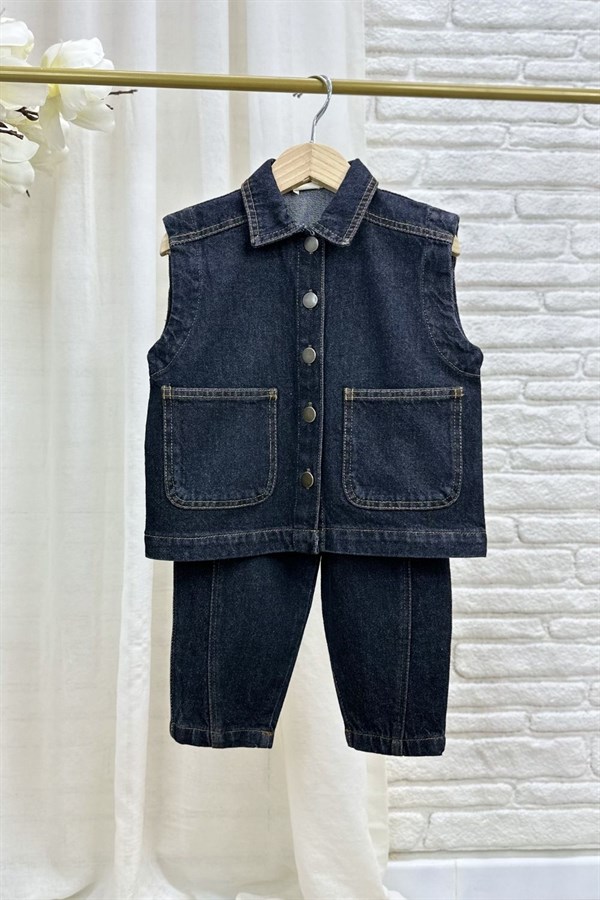 Unisex Özel Seri Yelekli Anrasit Denim Takım
