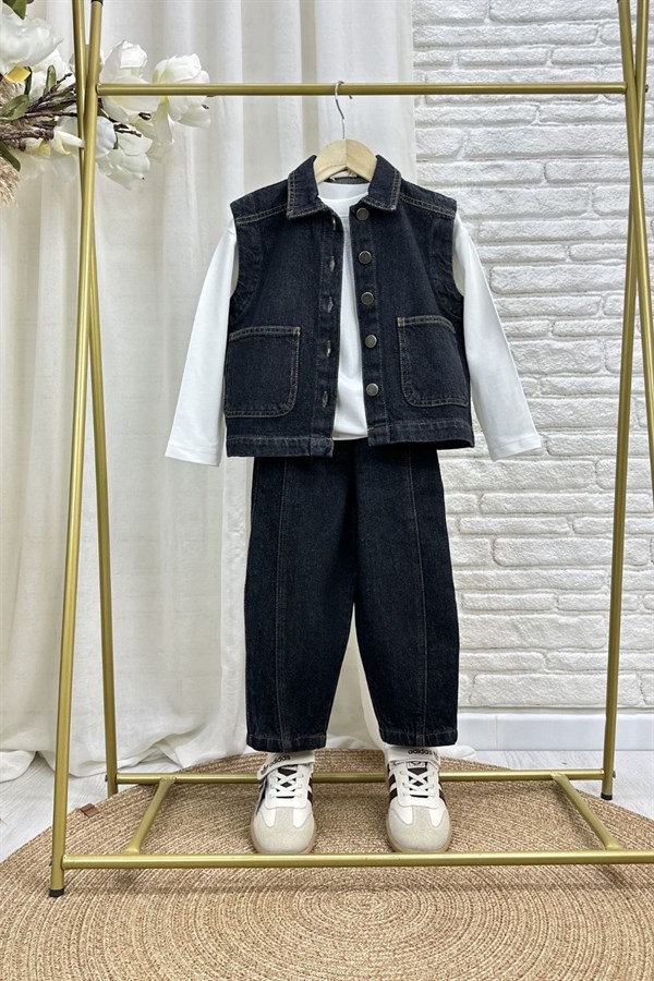 Unisex Özel Seri Yelekli Anrasit Denim Takım