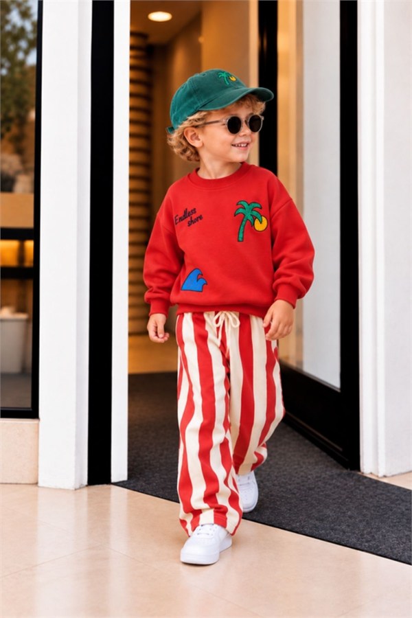 Unisex Palmiyeli Kırmızı Çizgili 3 İplik Takım