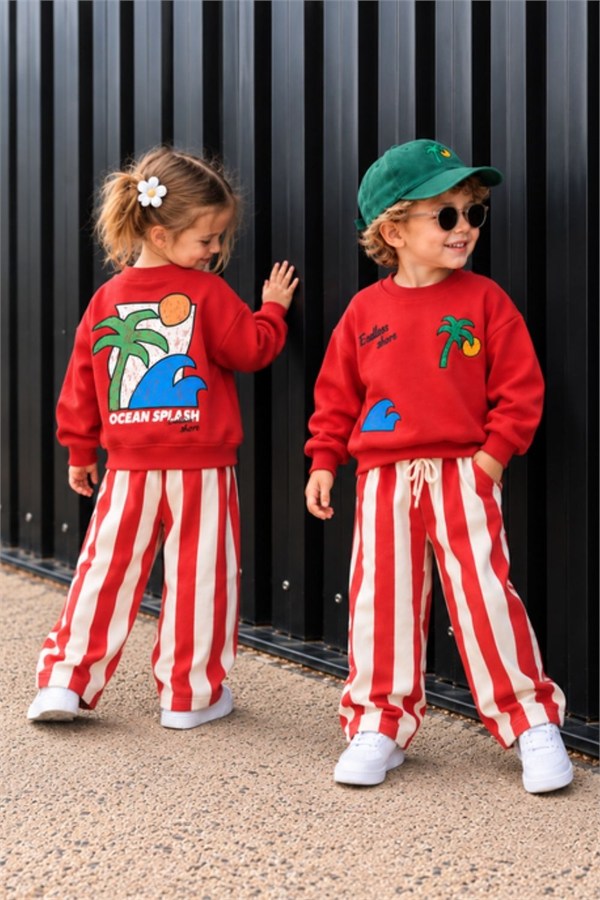 Unisex Palmiyeli Kırmızı Çizgili 3 İplik Takım