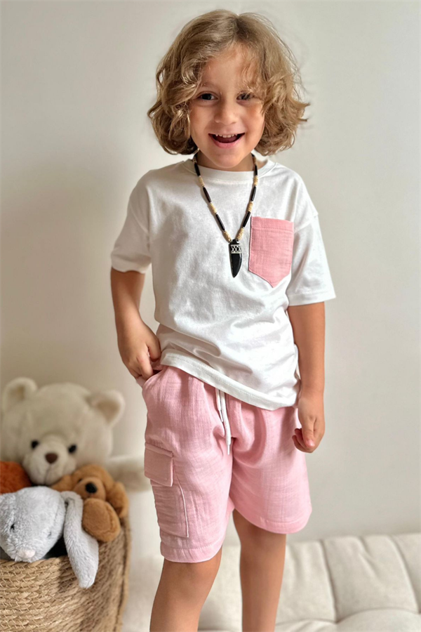 Unisex Pembe Müslin Şort Takım