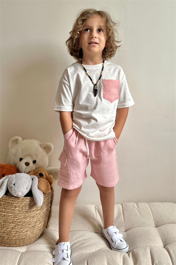 Unisex Pembe Müslin Şort Takım