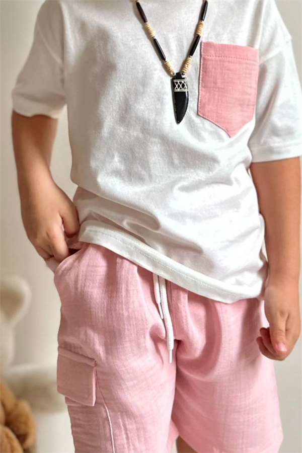Unisex Pembe Müslin Şort Takım