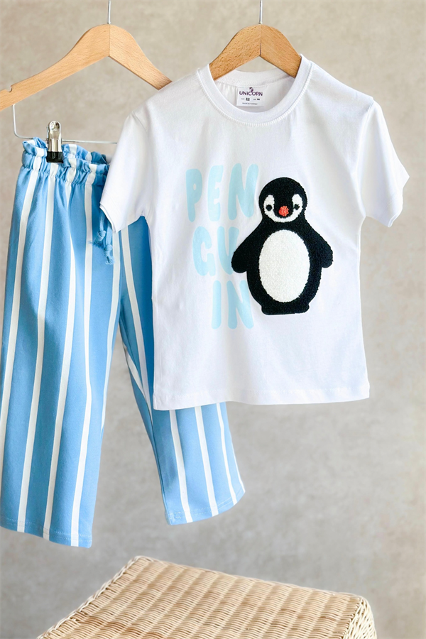 Unisex Penguenli Çizgili İkili Takım