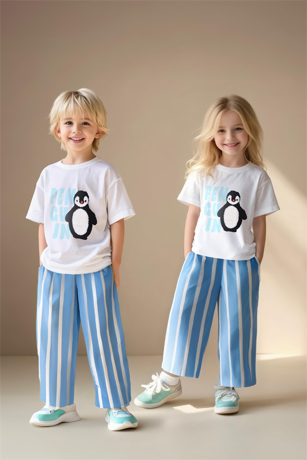 Unisex Penguenli Çizgili İkili Takım