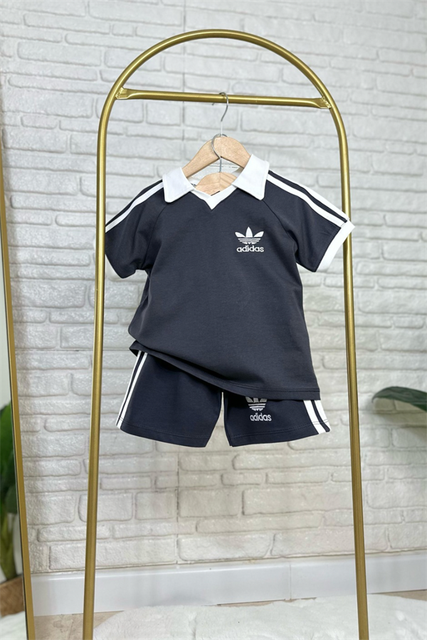 Unisex Polo Yaka Adids Antrasit Şortlu Takım 
