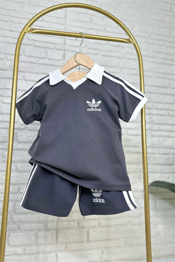 Unisex Polo Yaka Adids Antrasit Şortlu Takım 