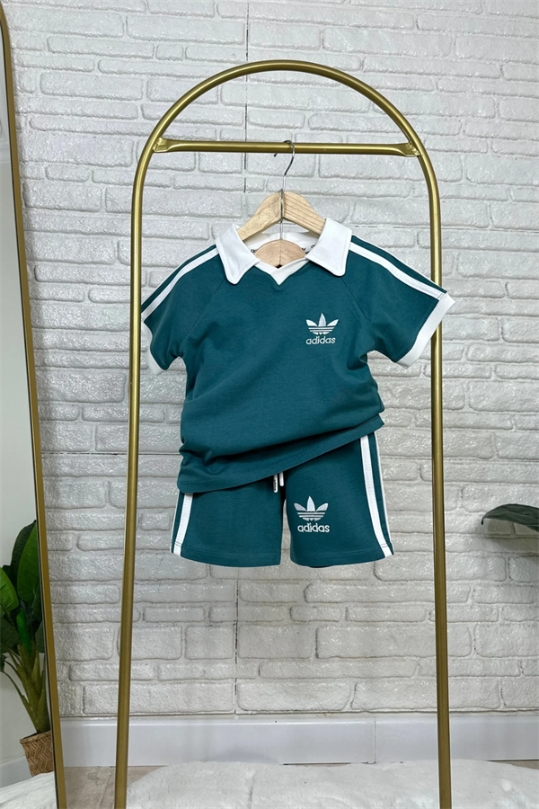Unisex Polo Yaka Adids Yesil Şortlu Takım 