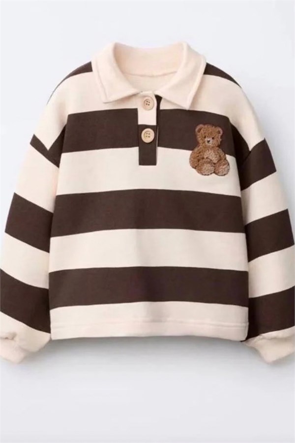 Unisex Polo Yaka Ayıcıklı Nakışlı Kahve Sweatshirt