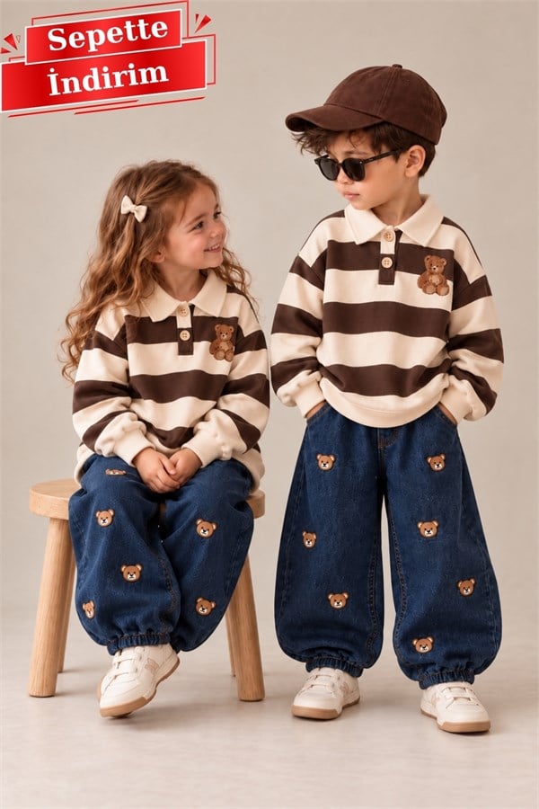 Unisex Polo Yaka Ayıcıklı Nakışlı Kahve Sweatshirt