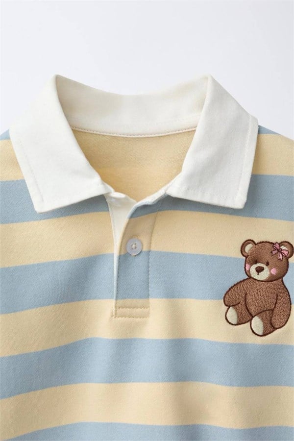 Unisex Polo Yaka Ayıcıklı Nakışlı Mavili Sweatshirt