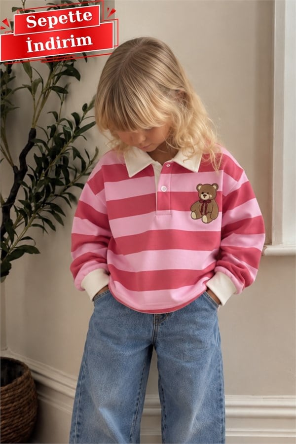 Unisex Polo Yaka Ayıcıklı Nakışlı Sweatshirt