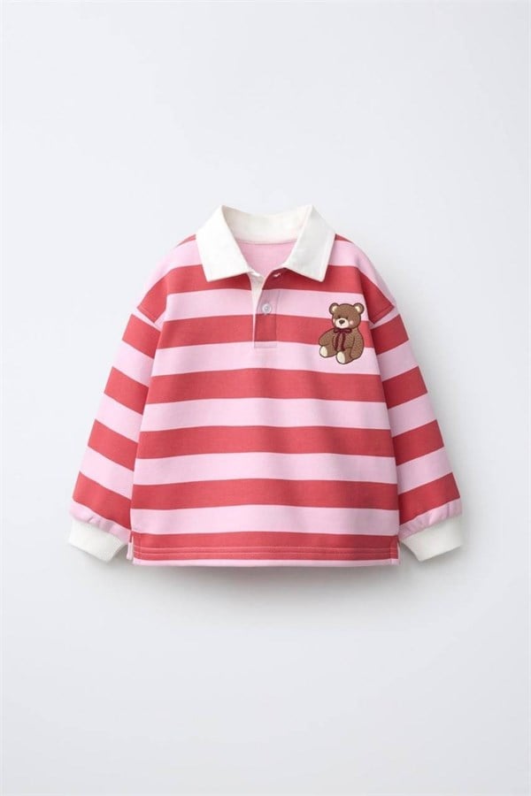Unisex Polo Yaka Ayıcıklı Nakışlı Sweatshirt