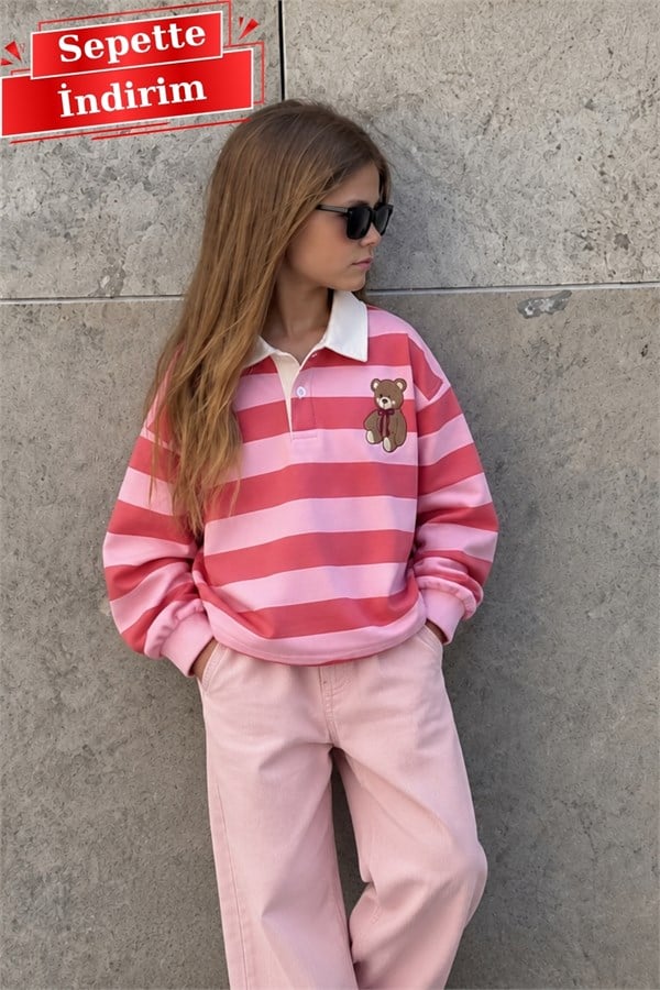 Unisex Polo Yaka Ayıcıklı Nakışlı Sweatshirt