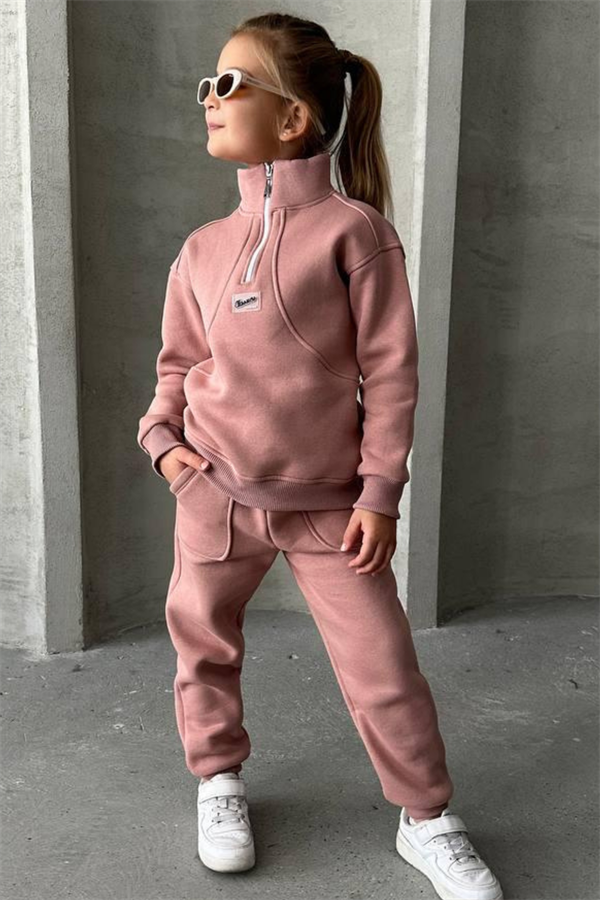 Unisex Şardonlu Dik Yaka Fermuarlı Takım