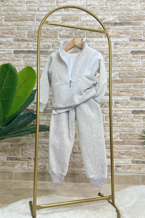 Unisex Şardonlu Fermuarlı Dik Yaka Gri Takım